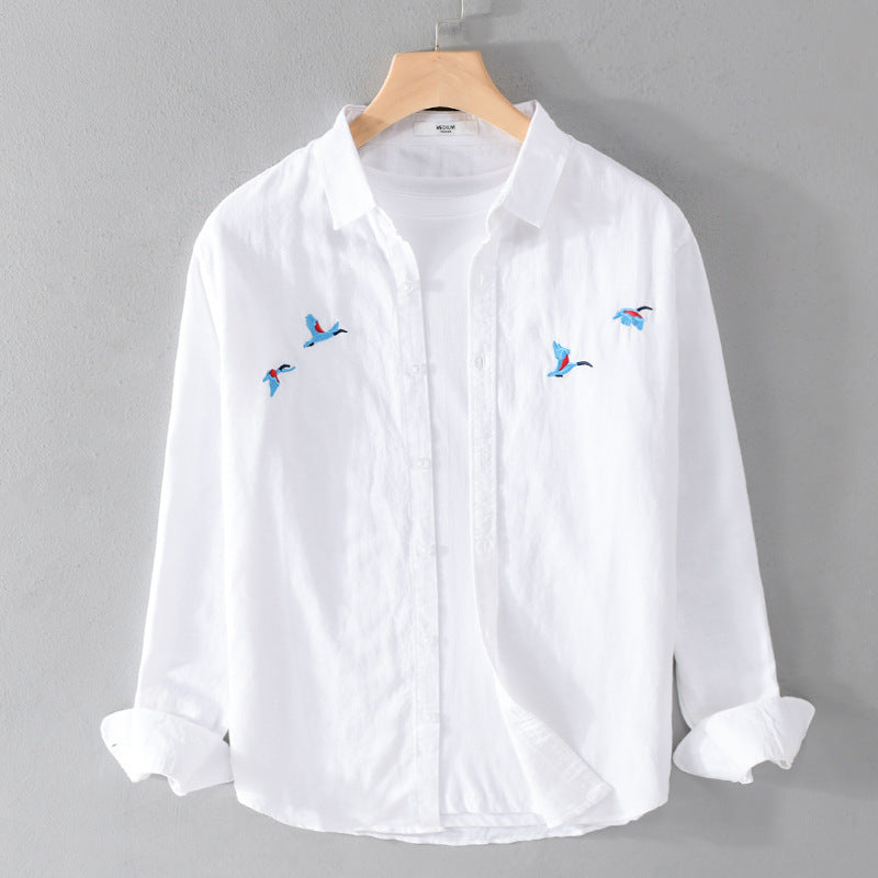 Herren Leichtes Leinenhemd mit feiner Vogelstickerei und Relaxed Fit Shop Nory