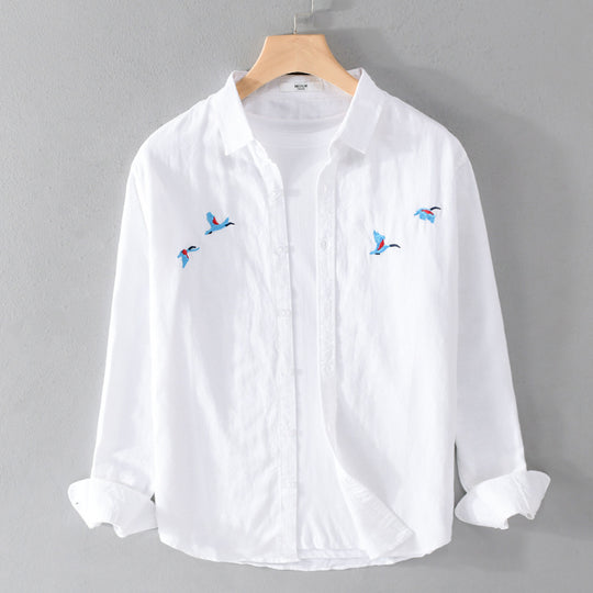 Herren Leichtes Leinenhemd mit feiner Vogelstickerei und Relaxed Fit Shop Nory