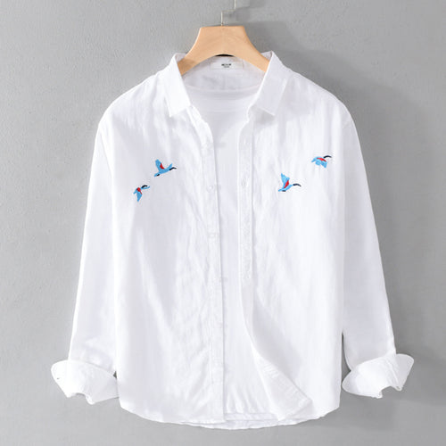 Herren Leichtes Leinenhemd mit feiner Vogelstickerei und Relaxed Fit Shop Nory