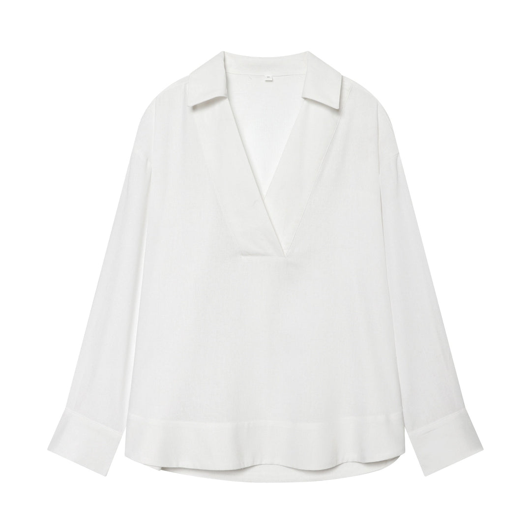 Damen Locker fallende Leinenoptik Bluse mit V‑Ausschnitt, Hemdkragen und Umschlagmanschetten Shop Nory