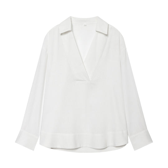 Damen Locker fallende Leinenoptik Bluse mit V‑Ausschnitt, Hemdkragen und Umschlagmanschetten Shop Nory