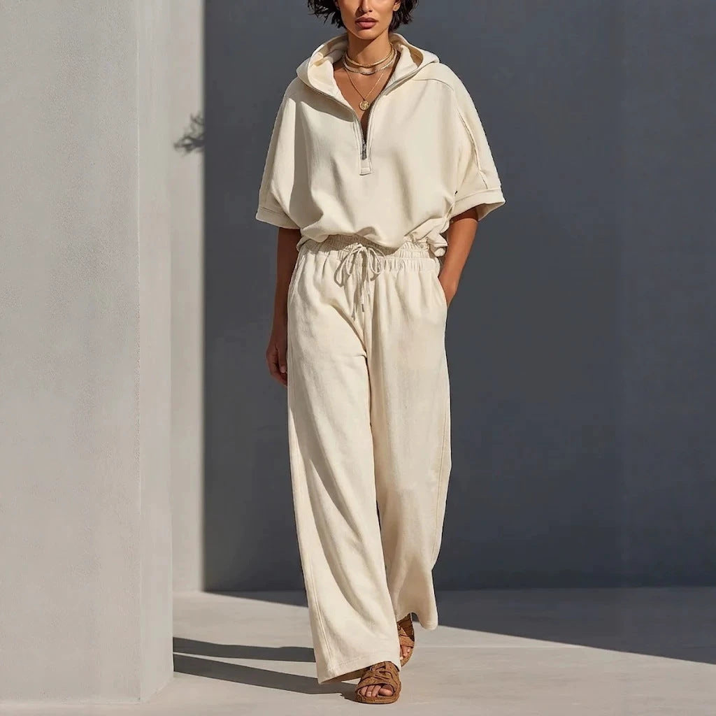 Damen Lässiges Lounge-Set mit Kapuzenpullover mit halbem Reißverschluss und weiter Palazzohose Shop Nory