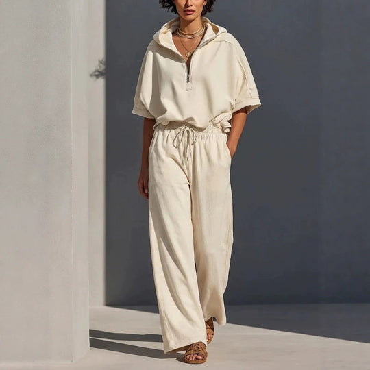 Damen Lässiges Lounge-Set mit Kapuzenpullover mit halbem Reißverschluss und weiter Palazzohose Shop Nory
