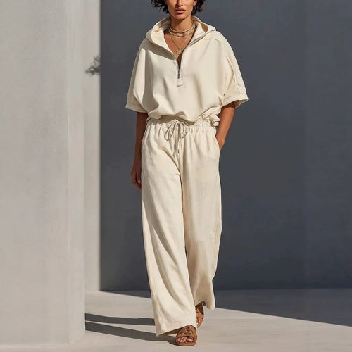 Damen Lässiges Lounge-Set mit Kapuzenpullover mit halbem Reißverschluss und weiter Palazzohose Shop Nory