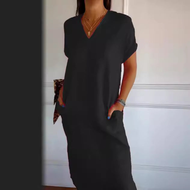 Damen Viskose-Leinen Kleid mit tiefem V-Ausschnitt und praktischen Taschen