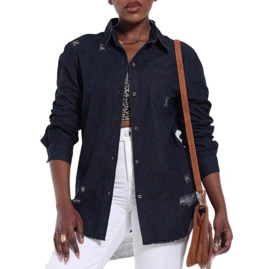 Damen Oversize-Denim-Hemdjacke mit Used-Effekten und rohem Saum Shop Nory
