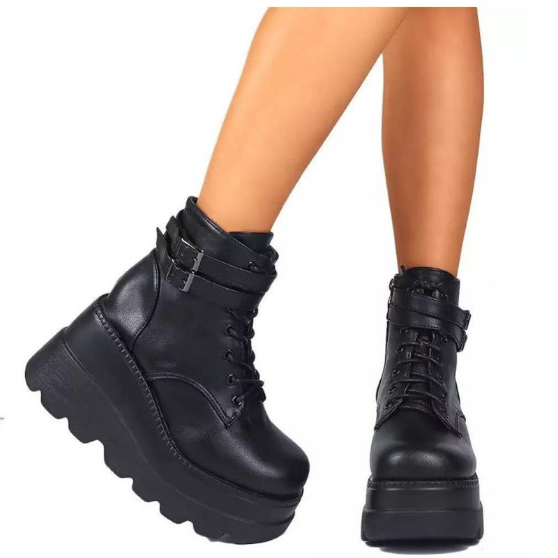 Damen Plateau-Stiefel mit modischem Schnallen-Design und praktischem Reißverschluss