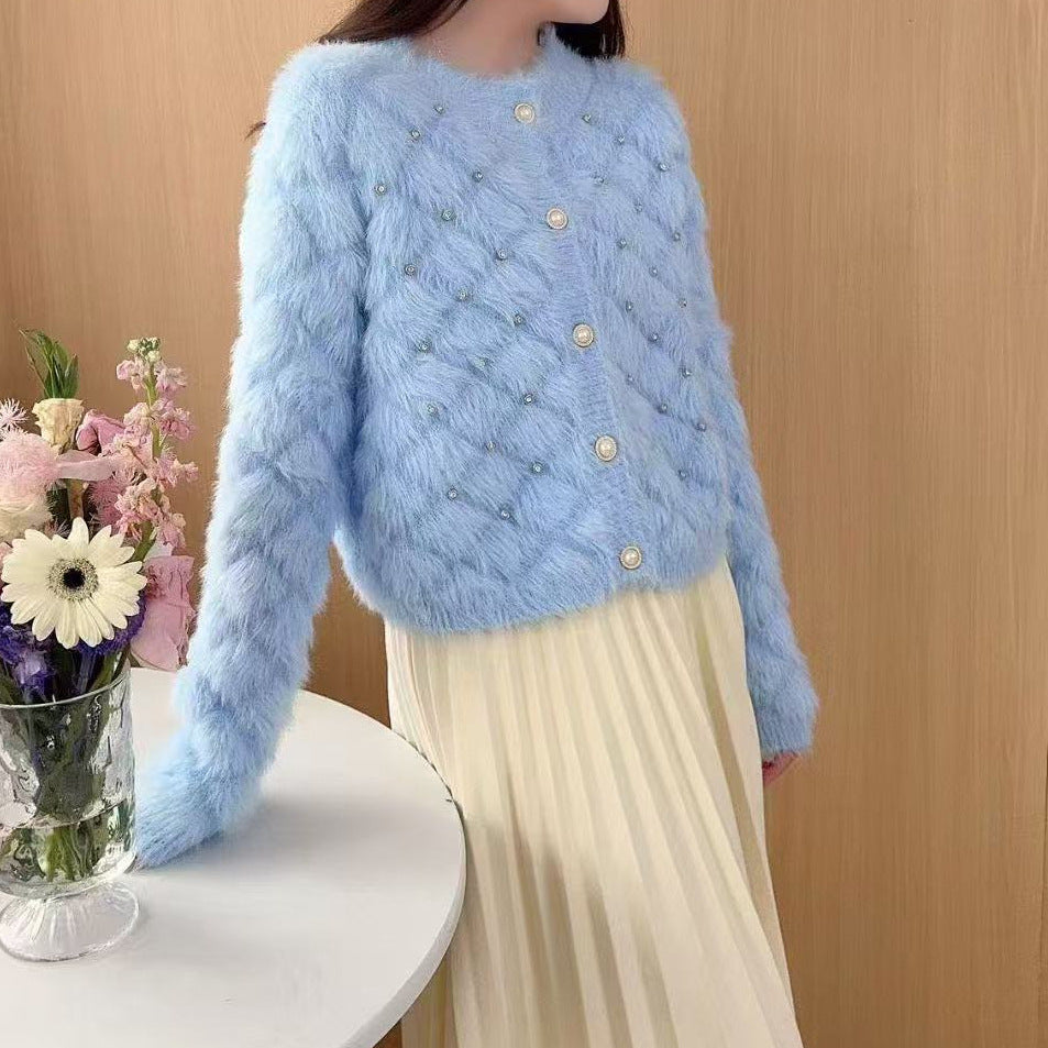Damen Flauschiger Strickcardigan mit Perlen Shop Nory