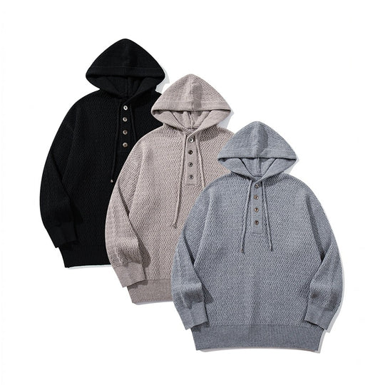 Unisex Strukturierter Kapuzen‑Strickpullover mit Henley‑Knopfleiste Shop Nory