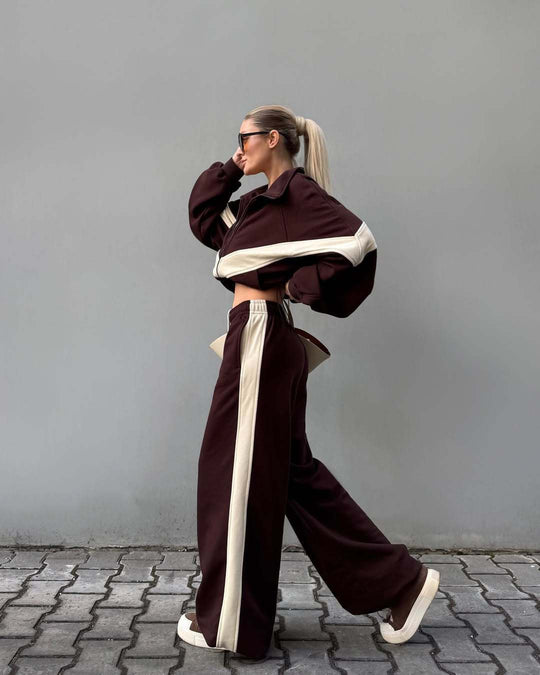 Damen Zweiteiliges Oversized Windbreaker-Set mit Kontraststreifen, Elastischem Saum und Tunnelzughose Shop Nory