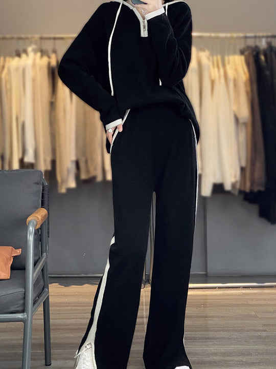 Damen Strick-Relax-Set mit Kapuze, weitem Bein und seitlichem Kontraststreifen Shop Nory