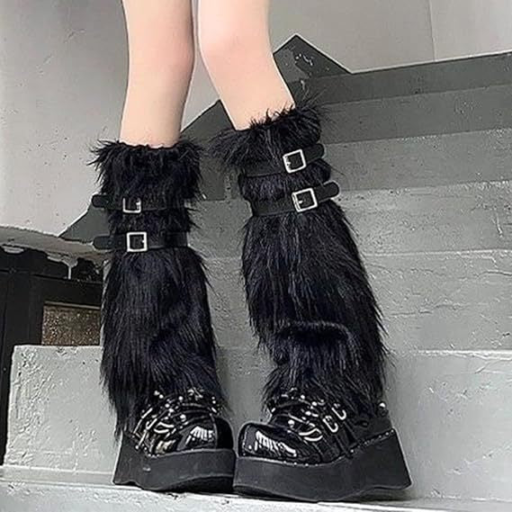 Damen Lange Kunstfell-Beinwärmer mit verstellbaren Schnallen und Plateau-Stulpen Shop Nory