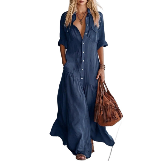 Damen Langes fließendes Hemdblusen-Maxikleid mit Knopfleiste, aufgesetzten Brusttaschen und seitlichen Eingrifftaschen Shop Nory