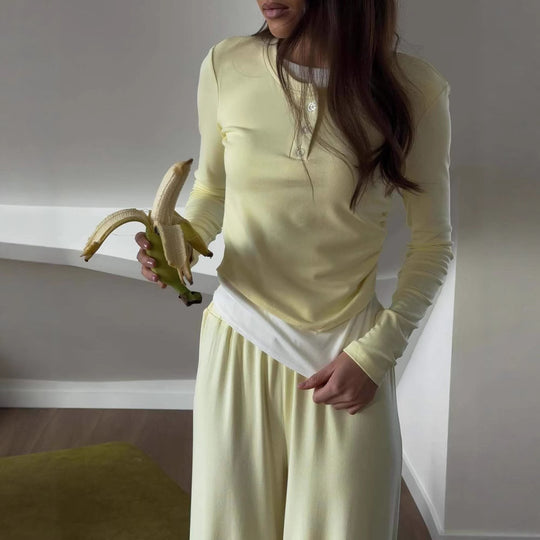 Damen Loungewear-Set aus weichem Modal mit Henley-Knopfleiste und weitem High‑Waist Loungehose Shop Nory