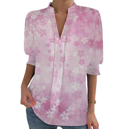 Damen Blumenprint Tunika-Bluse mit Stehkragen, geschlitzter V‑Blende und gerafften 3/4-Ärmeln Shop Nory