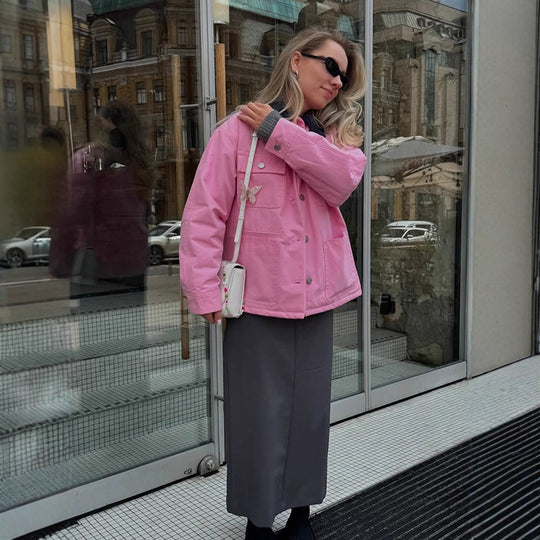 Damen Boxy Overshirt-Jacke mit aufgesetzten Taschen & Metallknopfleiste Shop Nory