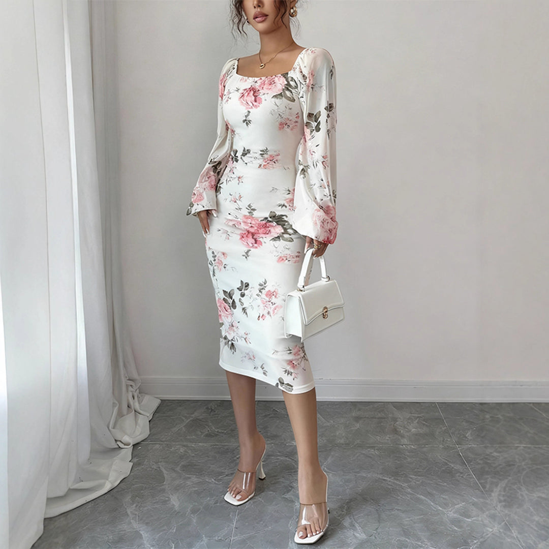 Damen Tailliertes Midikleid mit quadratischem Ausschnitt, Ballonärmeln und floralem Stretchjersey Shop Nory