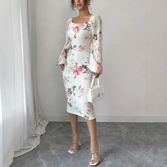 Damen Tailliertes Midikleid mit quadratischem Ausschnitt, Ballonärmeln und floralem Stretchjersey Shop Nory