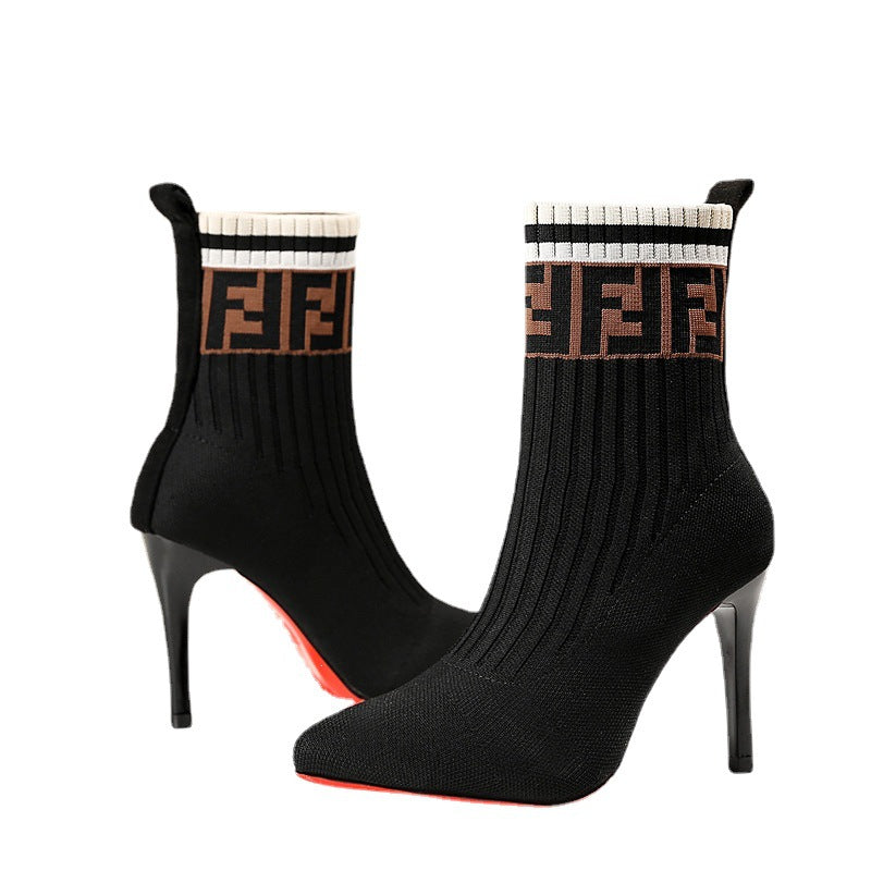 Damen nan elegante Strick-Socken-Stiefelette mit schmalem Stilettoabsatz und elastischem Schaft Shop Nory