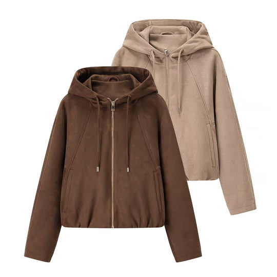 Damen Kurzjacke im Veloursleder‑Look mit Kapuze, Tunnelzug und Reißverschluss Shop Nory