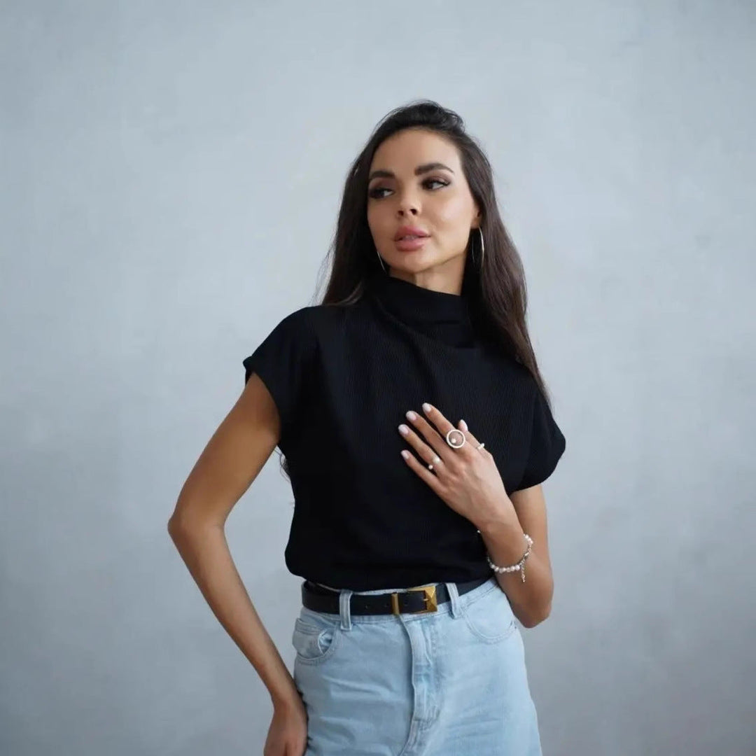 Damen modernes Kurzarm-Oberteil mit hohem Stehkragen und strukturiertem Design