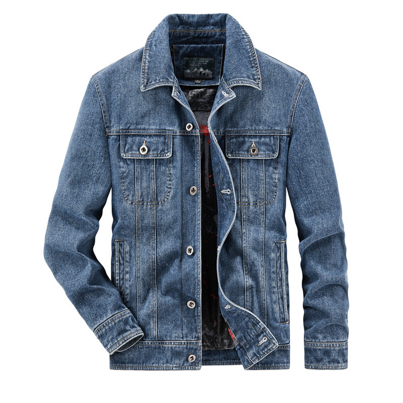 Herren gewaschene Denim-Workerjacke mit bedrucktem Innenfutter und Brustpattentaschen Shop Nory