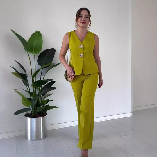 Damen Ärmelloses Tailoring-Set mit taillierter Weste, Zierknöpfen und weiter Palazzo-Hose Shop Nory
