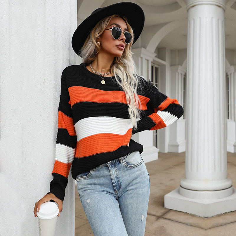 Damen Breitgestreifter Strickpullover im Fisherman‑Look mit gerippter Textur und überschnittener Schulter Shop Nory