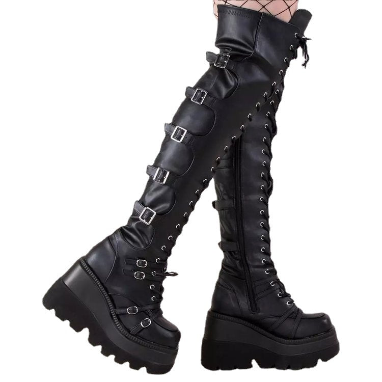 Damen Hochformatige Plateau-Stiefel mit modischem Reißverschluss und Schnür-Design