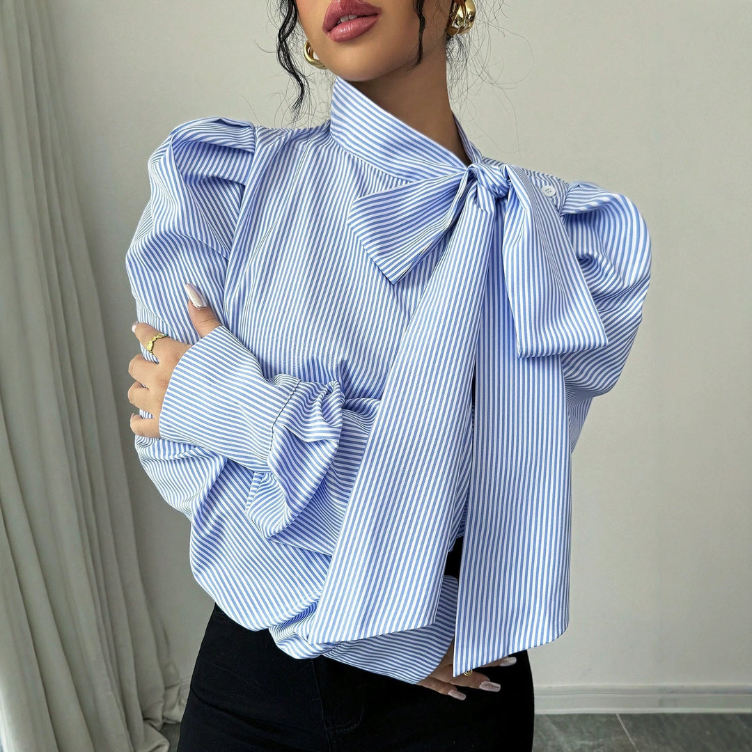 Damen Popeline-Bluse mit Stehkragen, großem Schleifenband und Ballonärmeln Shop Nory