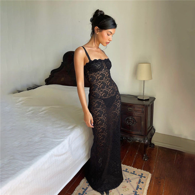 Damen Spitzenkleid mit verführerischem Schlitz und Spaghettiträgern