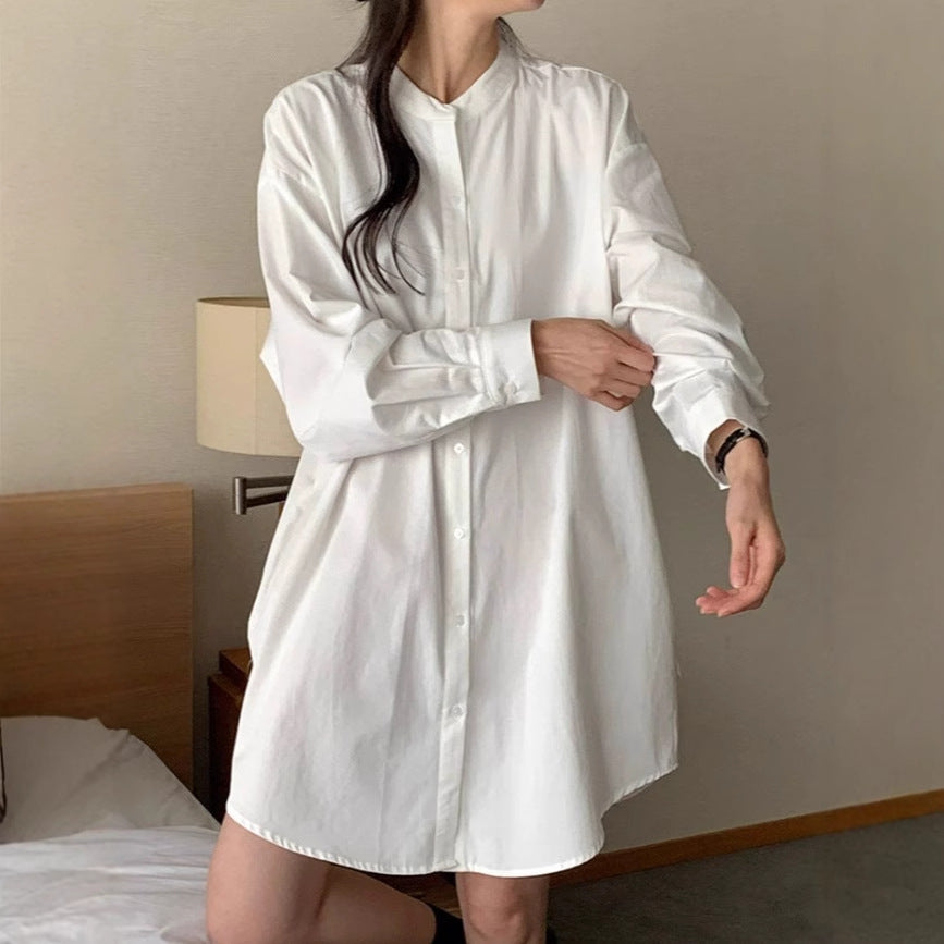 Damen Weites Baumwoll-Hemdblusenkleid mit Stehkragen, Oversize-Schnitt und gerundetem Saum Shop Nory