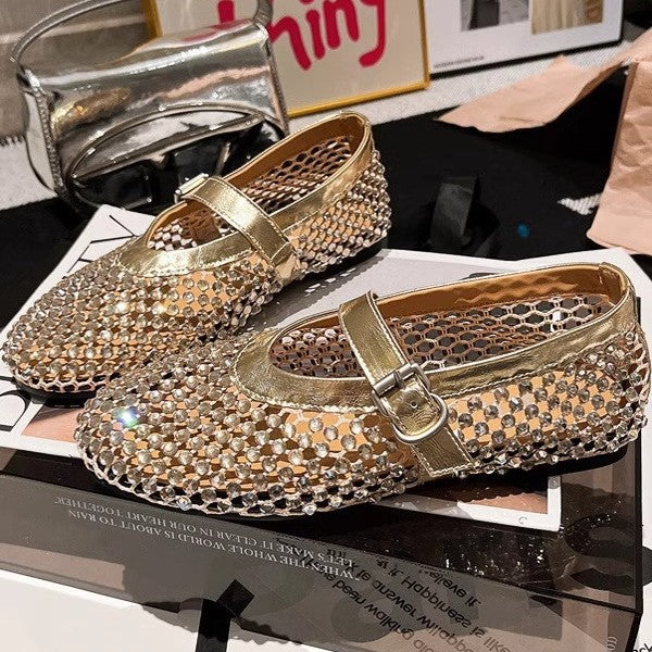 Damen Ballerinas mit elegantem Strassbesatz und verstellbarem Riemchen