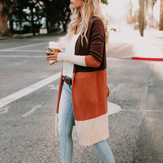 Damen Longline-Cardigan mit Colorblock-Design, offener Front und Rippsaum Shop Nory
