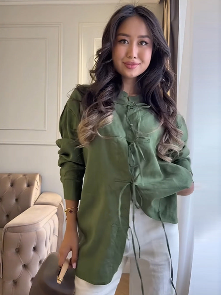Damen Lang geschnittene Leinenbluse mit chinesischer Knotenschließe und Stehkragen Shop Nory