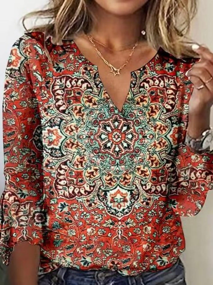 Damen Boho-Tunika-Bluse mit Mandala-Print, V-Ausschnitt und dreiviertel Ärmeln Shop Nory