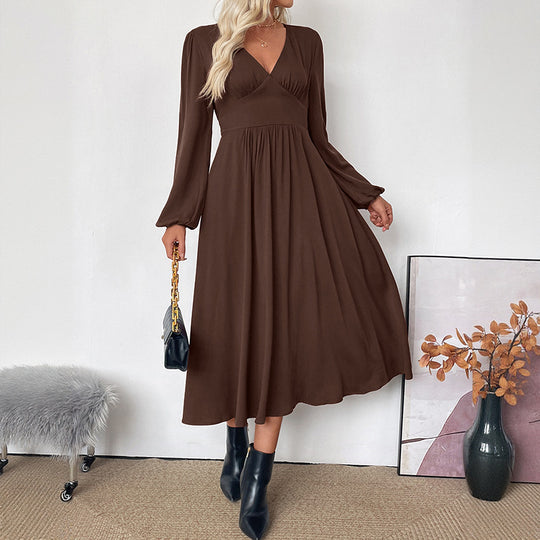 Damen Maxikleid Wickeloptik mit V-Ausschnitt, Empire-Taille und langen Ballonärmeln Shop Nory