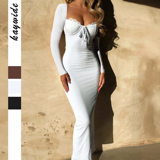 Damen nan eng anliegendes Bodystyle-Maxikleid mit Spitzen-Bustier, Schnürdetail und leichtem Schleppeffekt Shop Nory