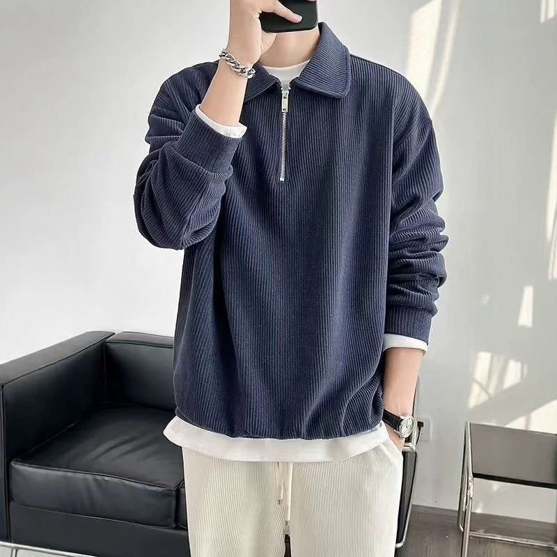 Herren Gerippter Pullover mit Halbreißverschluss und Polokragen Shop Nory