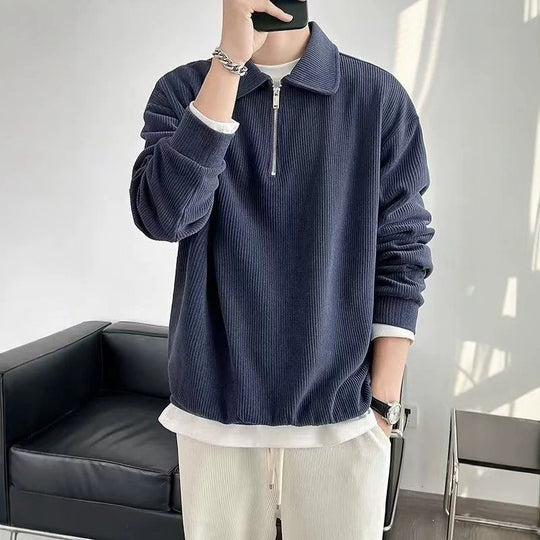 Herren Gerippter Pullover mit Halbreißverschluss und Polokragen Shop Nory