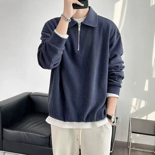Herren Gerippter Pullover mit Halbreißverschluss und Polokragen Shop Nory