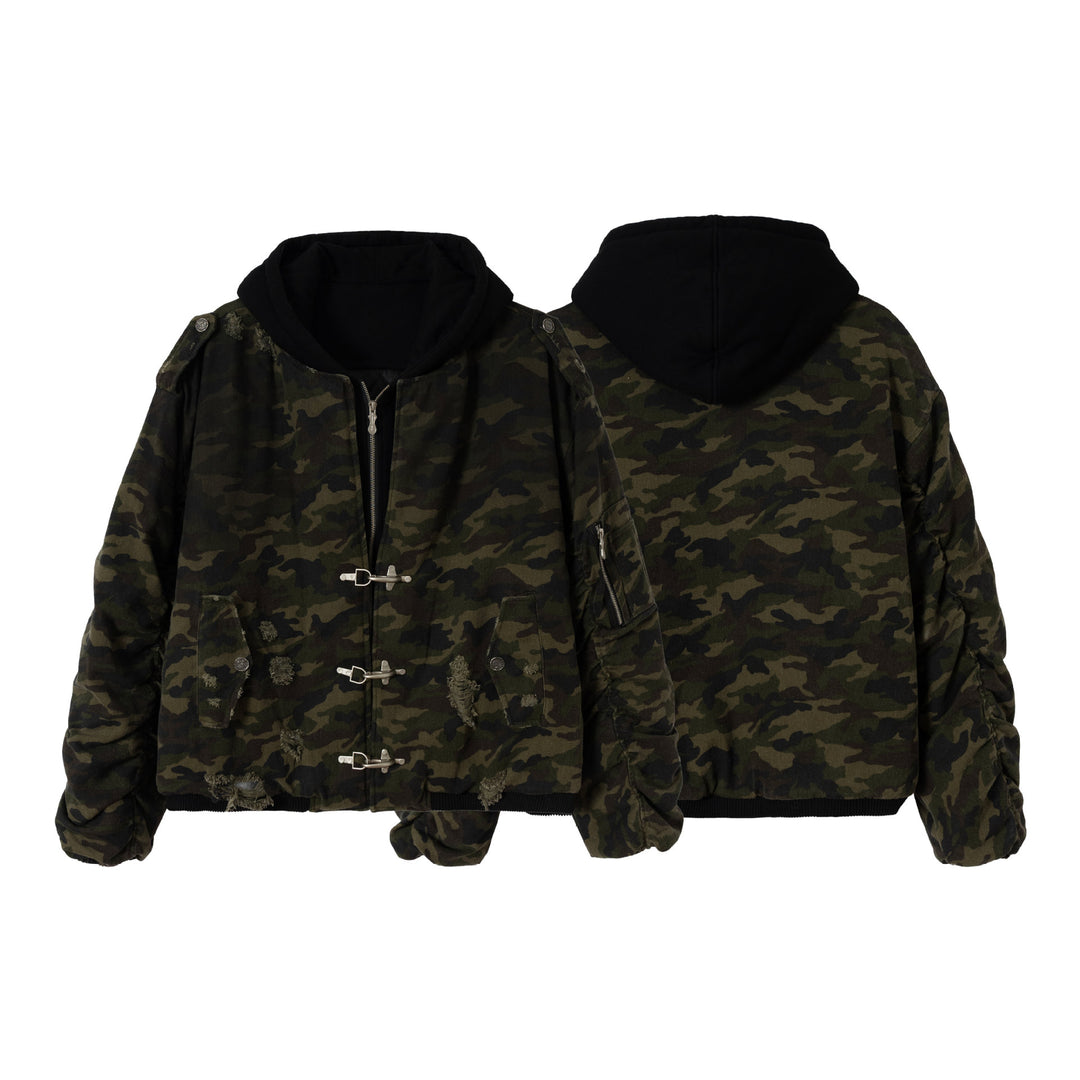 Herren Camouflage Utility-Bomberjacke mit Kapuze, Distressed‑Details und Hakenverschluss Shop Nory