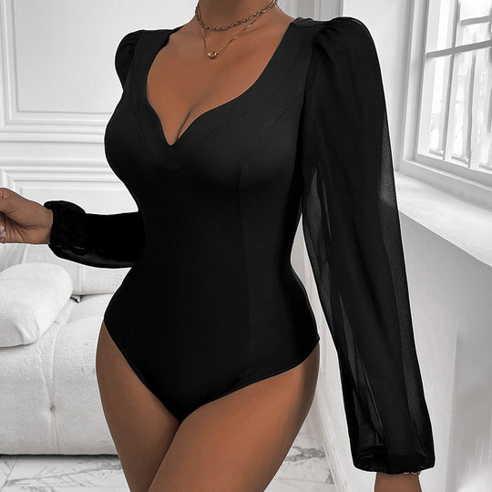 Damen Figurbetontes Body-Top mit herzförmigem Ausschnitt, Puffärmeln und taillierter Silhouette Shop Nory
