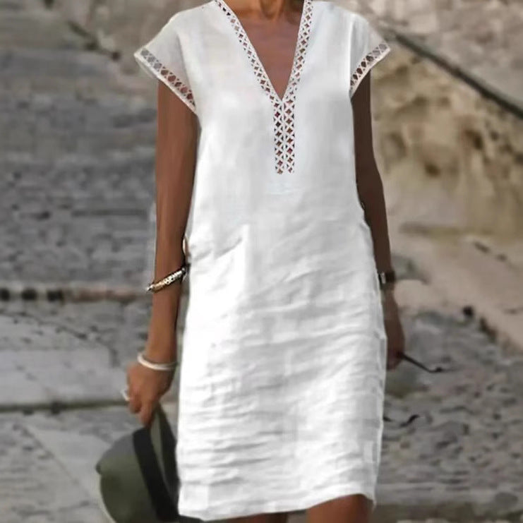 Damen nan leichtes Leinen-Kaftankleid mit V-Ausschnitt und Ajourbesatz
