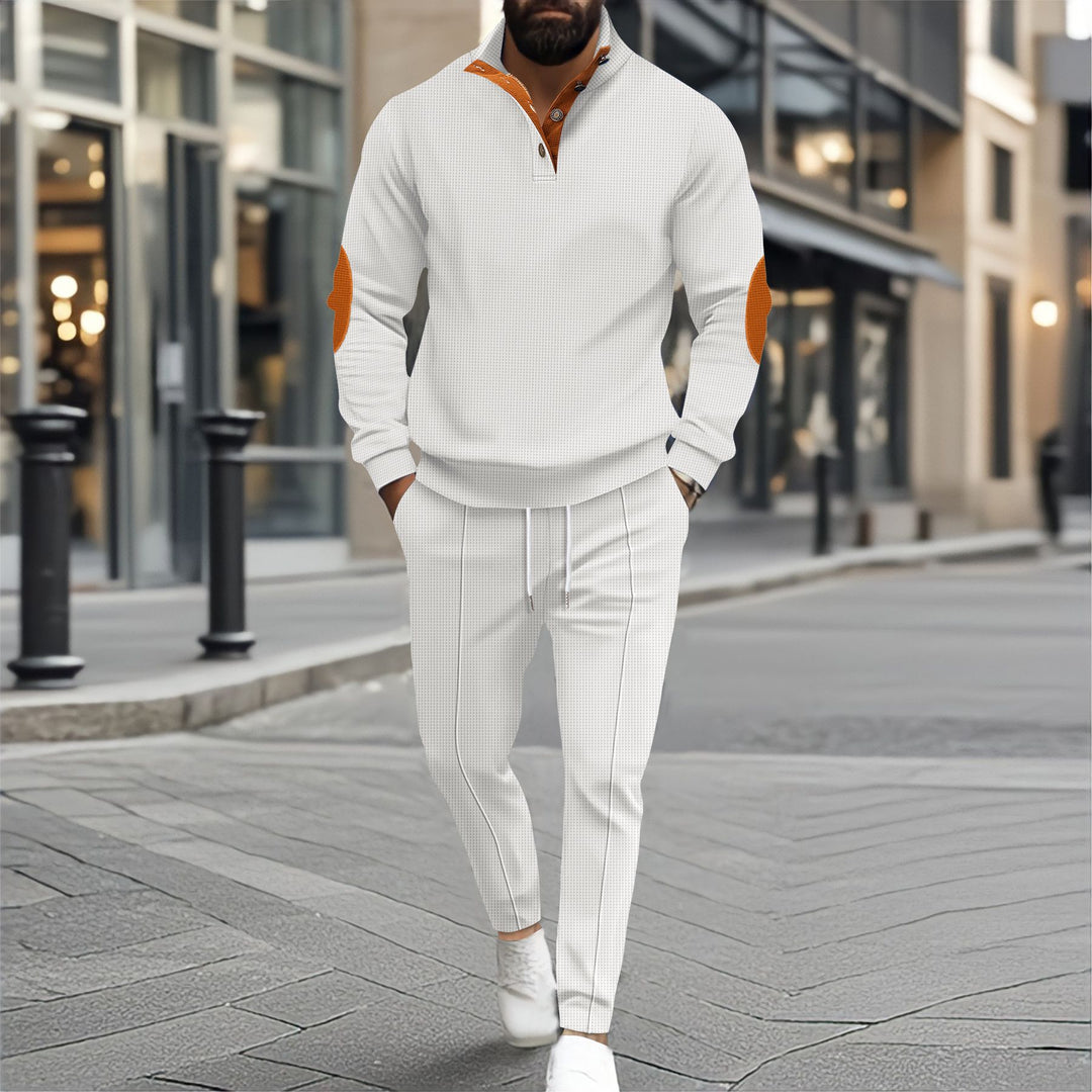 Herren nan feinstrukturiertes Halbkragen-Sweatshirt mit Knopfleiste, dekorativen Ellbogenpatches und legerem Saumabschluss Shop Nory