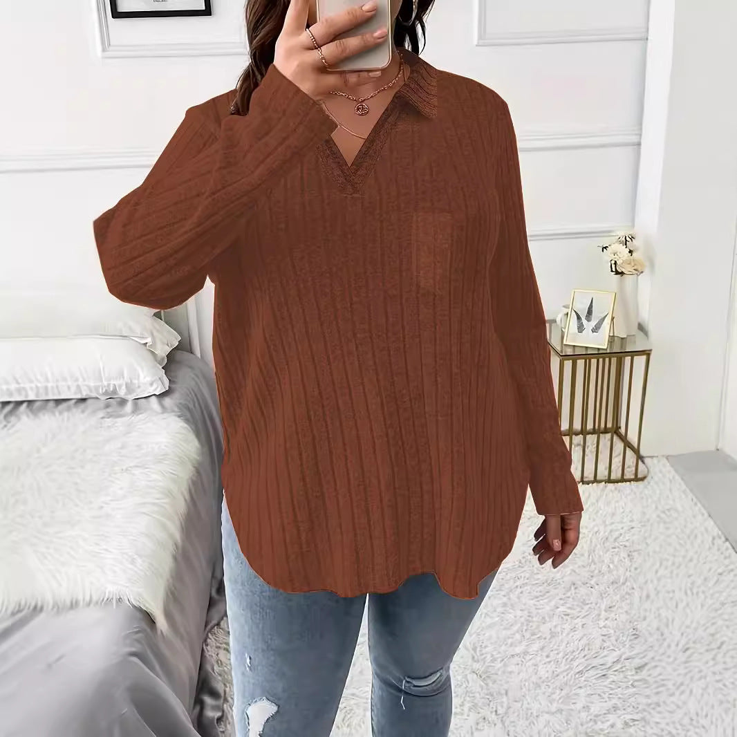 Damen Gerippter V-Ausschnitt Pullover mit Hemdkragen und lockerer Tunika-Silhouette Shop Nory