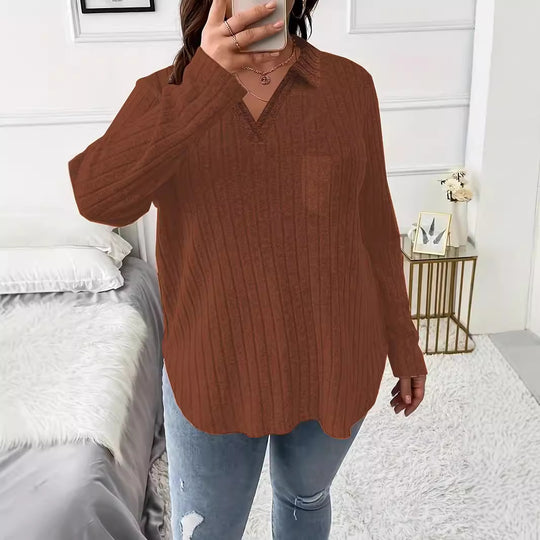 Damen Gerippter V-Ausschnitt Pullover mit Hemdkragen und lockerer Tunika-Silhouette Shop Nory
