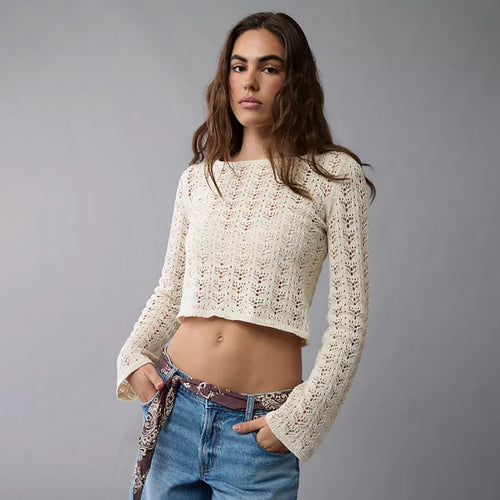 Damen Feinstrick-Cropped-Top mit Ajourmuster und Rundhalsausschnitt Shop Nory