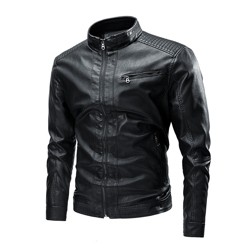 Herren Schmale Kunstleder-Bikerjacke mit Stehkragen und Ziersteppungen Shop Nory