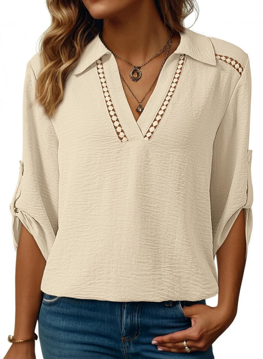 Damen Bluse mit V-Ausschnitt, gehäkelter Spitzenpasse und krempelbaren Dreiviertelärmeln Shop Nory